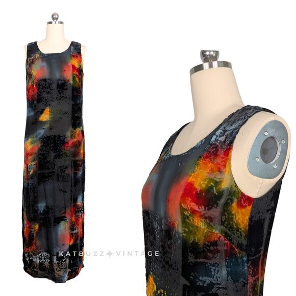 Vintage Velvet Maxi Dress M Black Mulit Burnout Indie Grunge Artsy 90s Y2K Goth - Picture 1 of 12